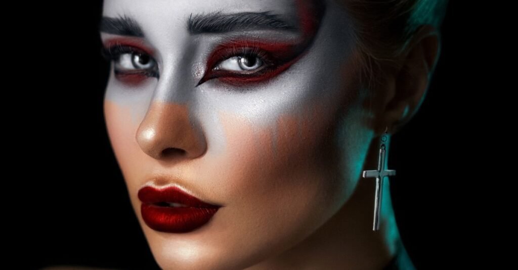 Gothic makeup palette with dark eyeshadows and black lipstick