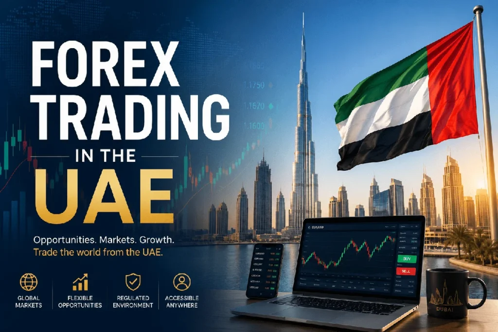 UAE skyline with forex trading charts overlay