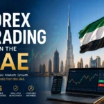 UAE skyline with forex trading charts overlay