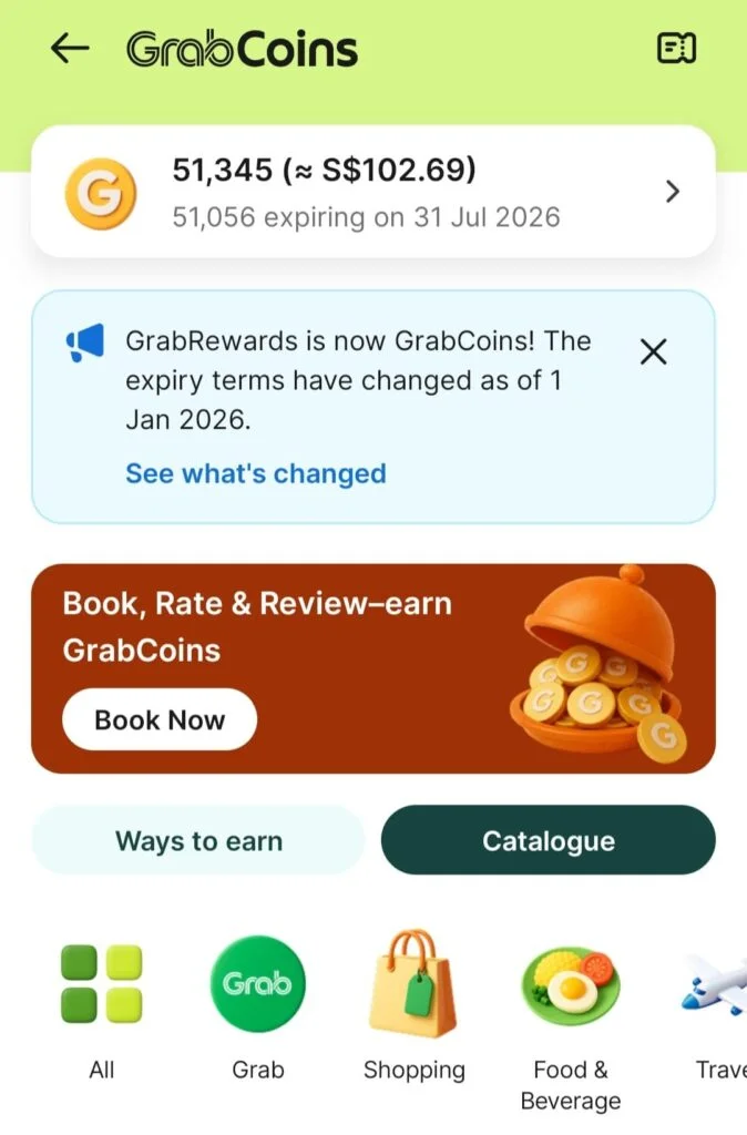 GrabCoins app screen showing available rewards catalogue