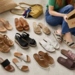 Assorted women's sandals on display in a retail store