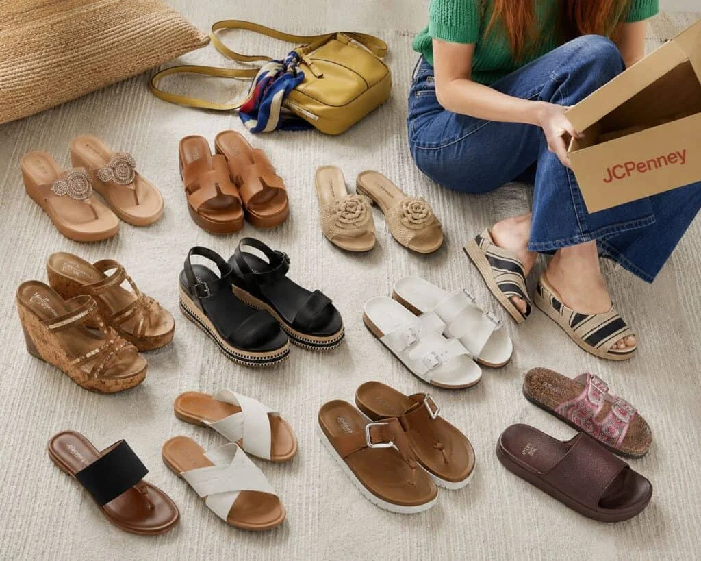 Assorted women's sandals on display in a retail store