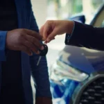 Person reviewing car finance papers at dealership desk