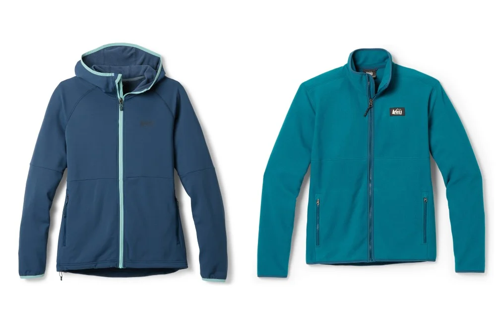 Waterproof rain jackets in bright colors side by side