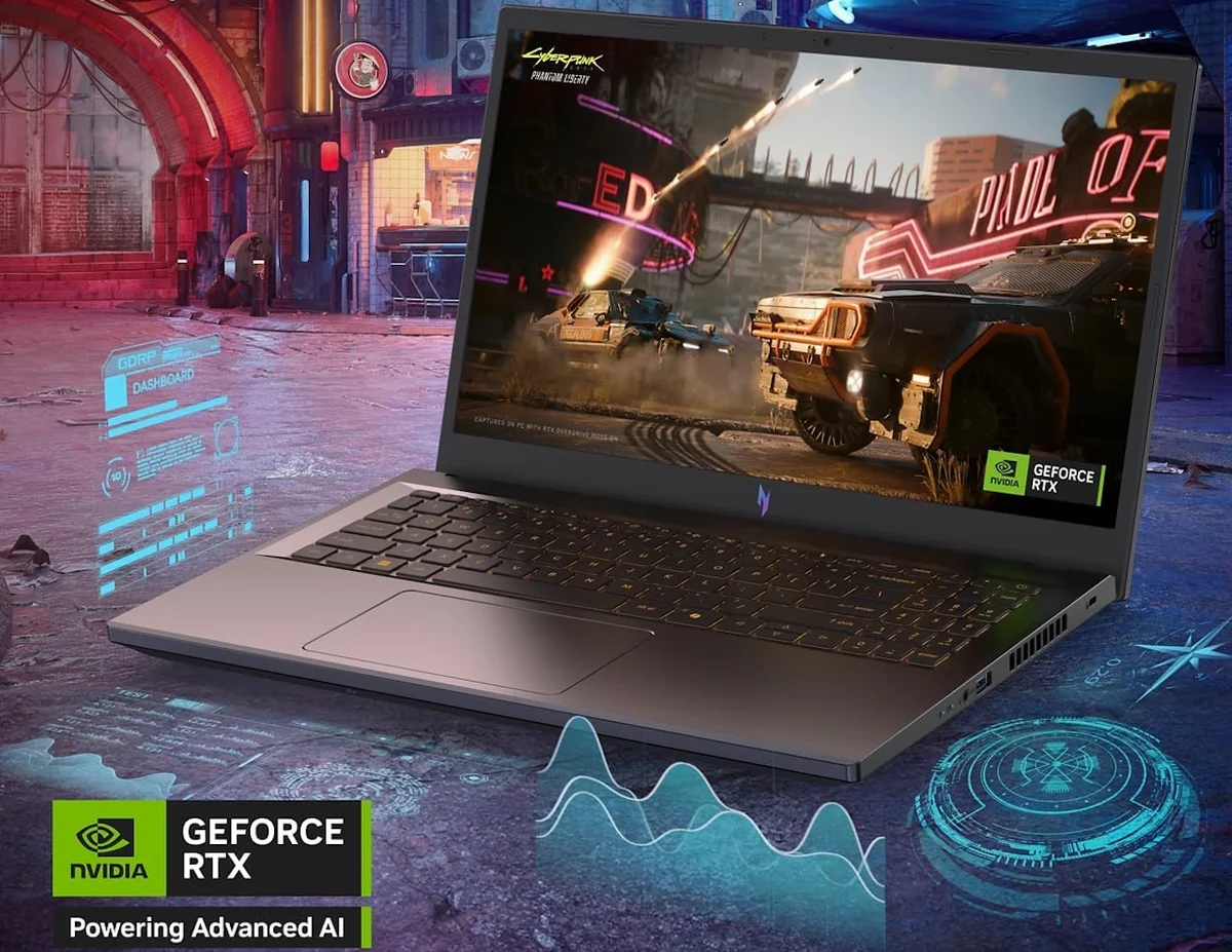 NVIDIA GeForce RTX card shown beside a gaming laptop, product graphic