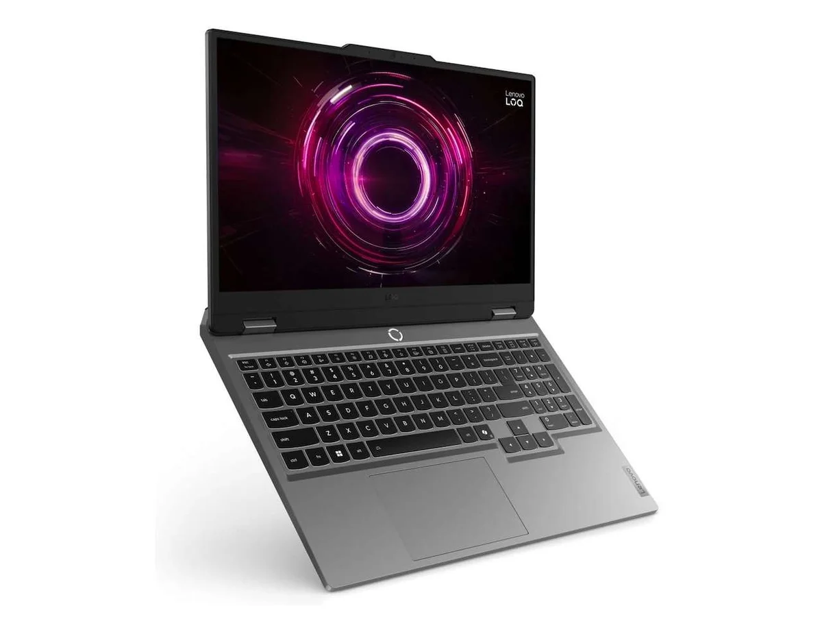 Lenovo LOQ gaming laptop with AMD Ryzen branding on a desk
