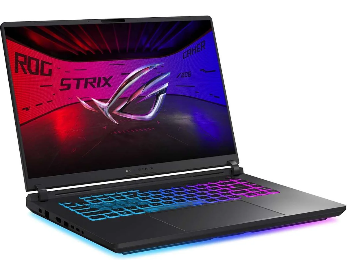 Alienware 16 laptop with iridescent logo on a dark surface