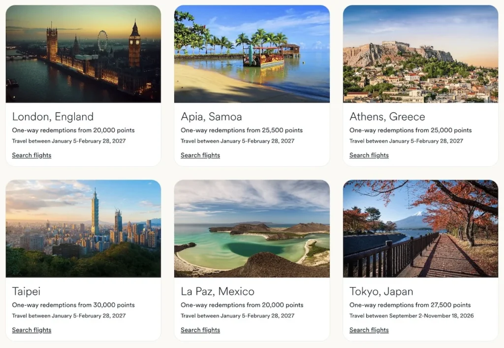 Six travel destination cards with one-way point redemption prices