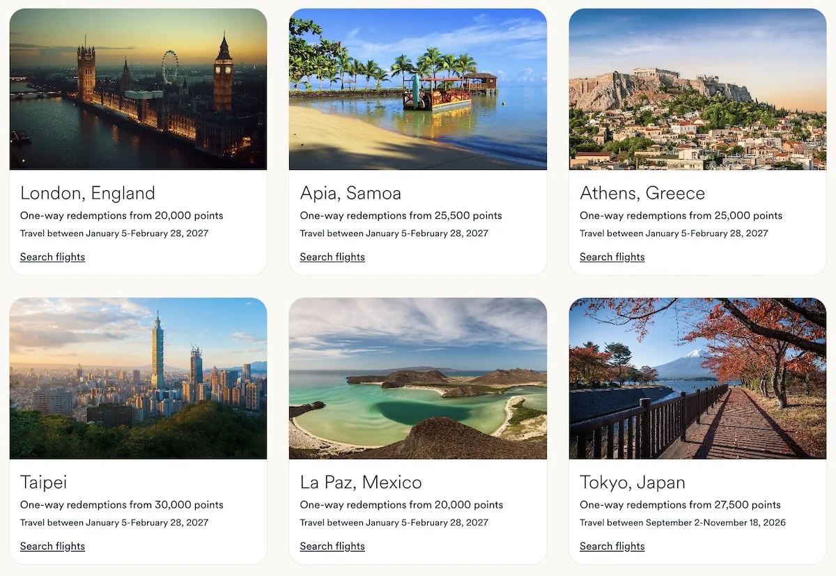 Six travel destination cards with one-way point redemption prices