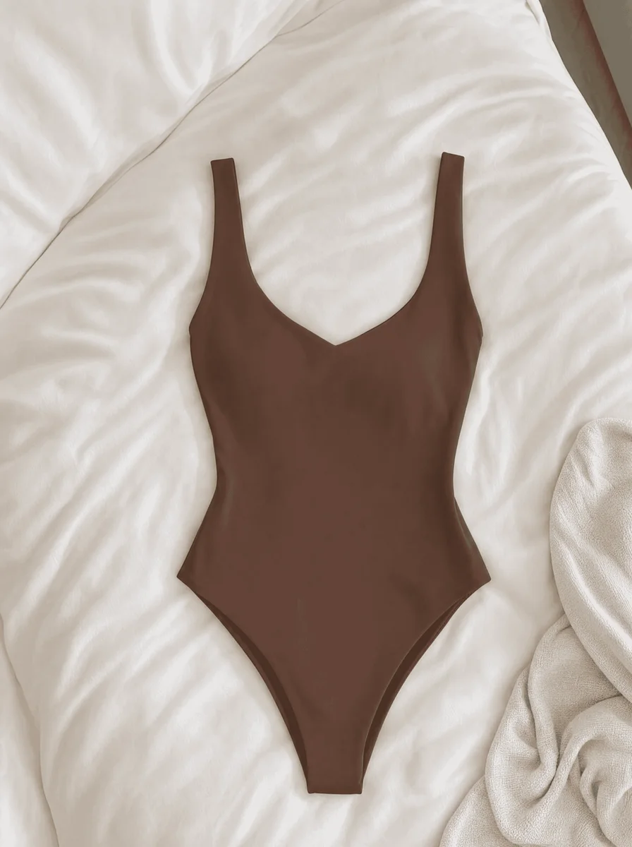 SKIMS one-piece laid flat on white bedding, the brand behind the 25% loyalty event