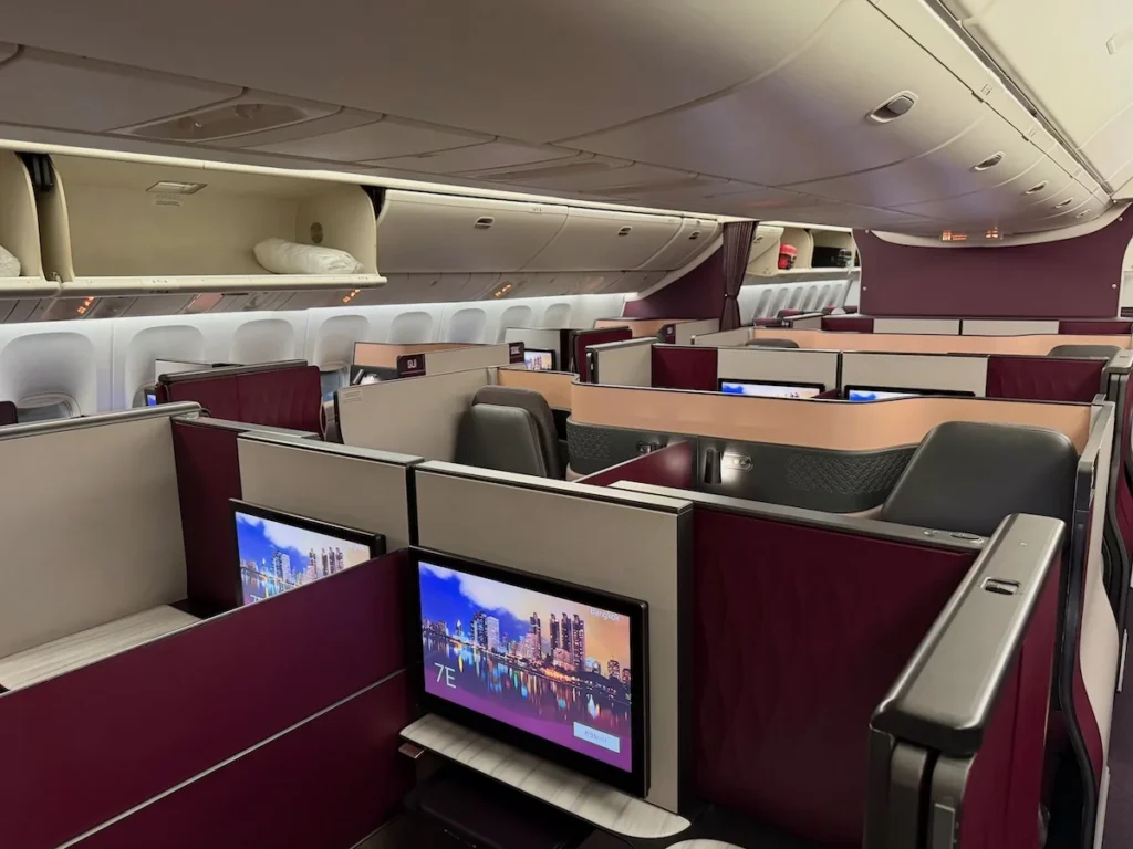 Business class cabin seat rows on a long haul flight