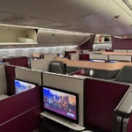 Business class cabin seat rows on a long haul flight