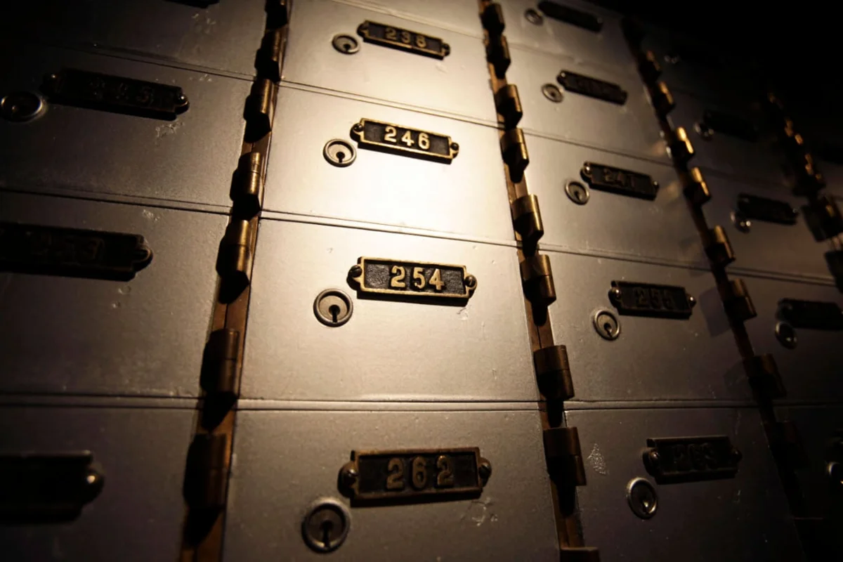 Numbered metal safe-deposit box lockers with brass hinges and keyholes