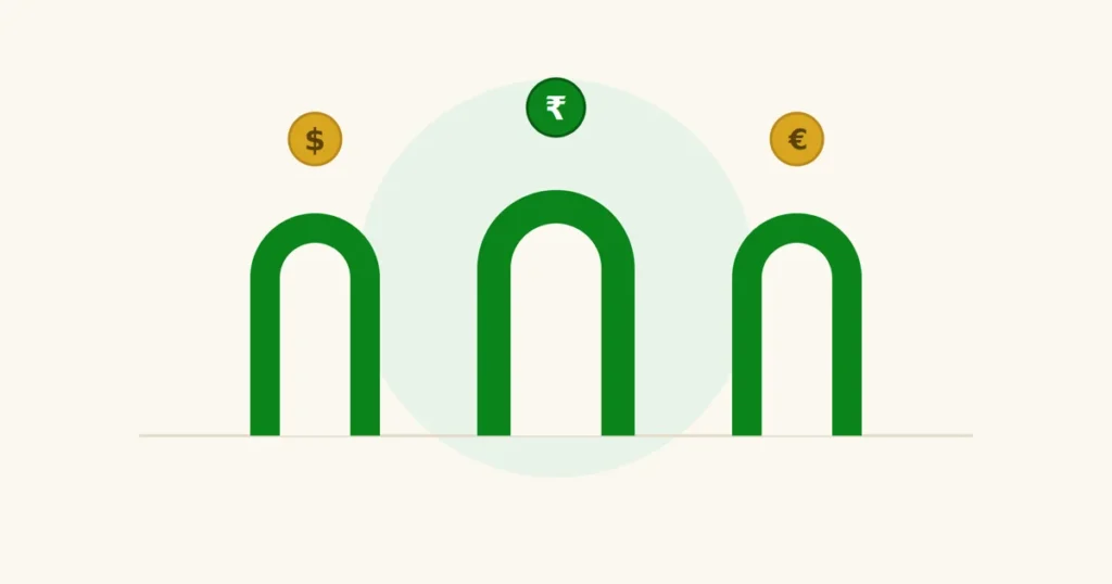 Illustration of rupee, dollar, and euro coins over three figures