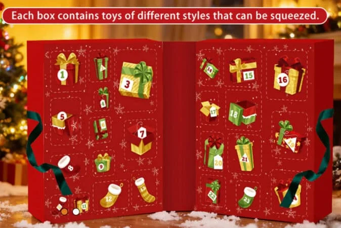 Red 24-door advent calendar with numbered gift boxes and squishy toys