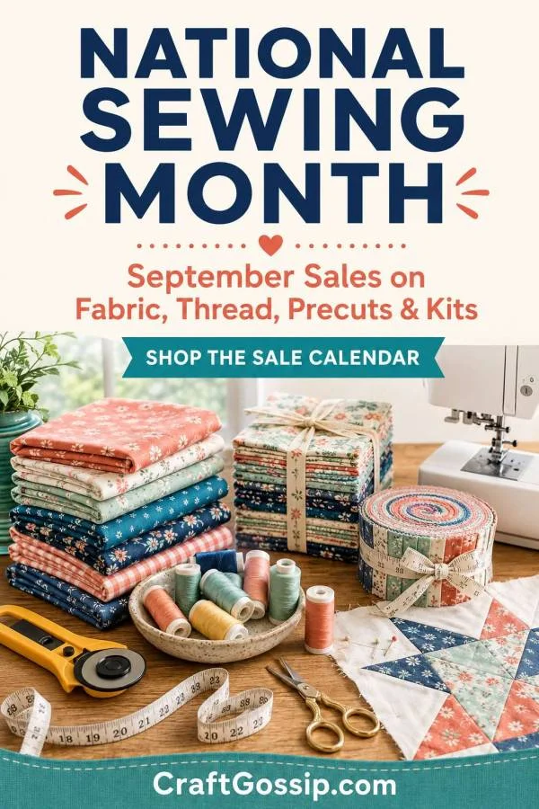 National Sewing Month promotional graphic with fabric stacks and thread spools
