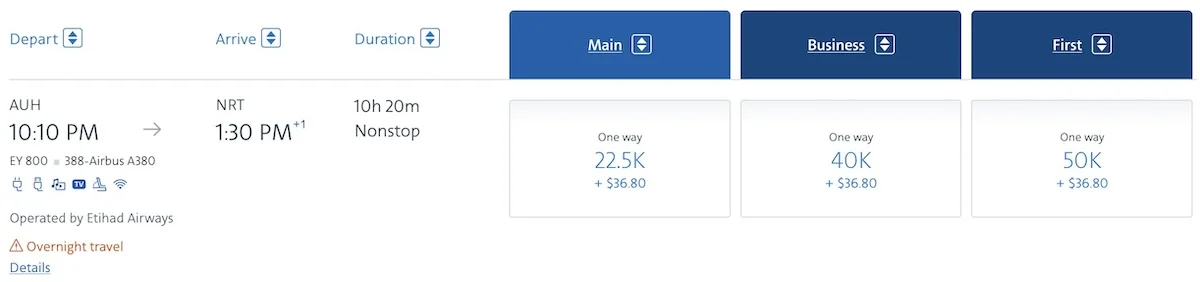 Etihad Airways first class award booking showing 50,000 mile price