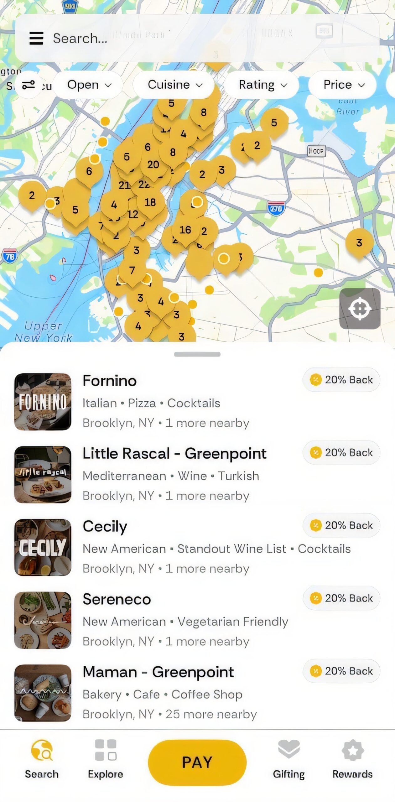 InKind app screen listing participating restaurants