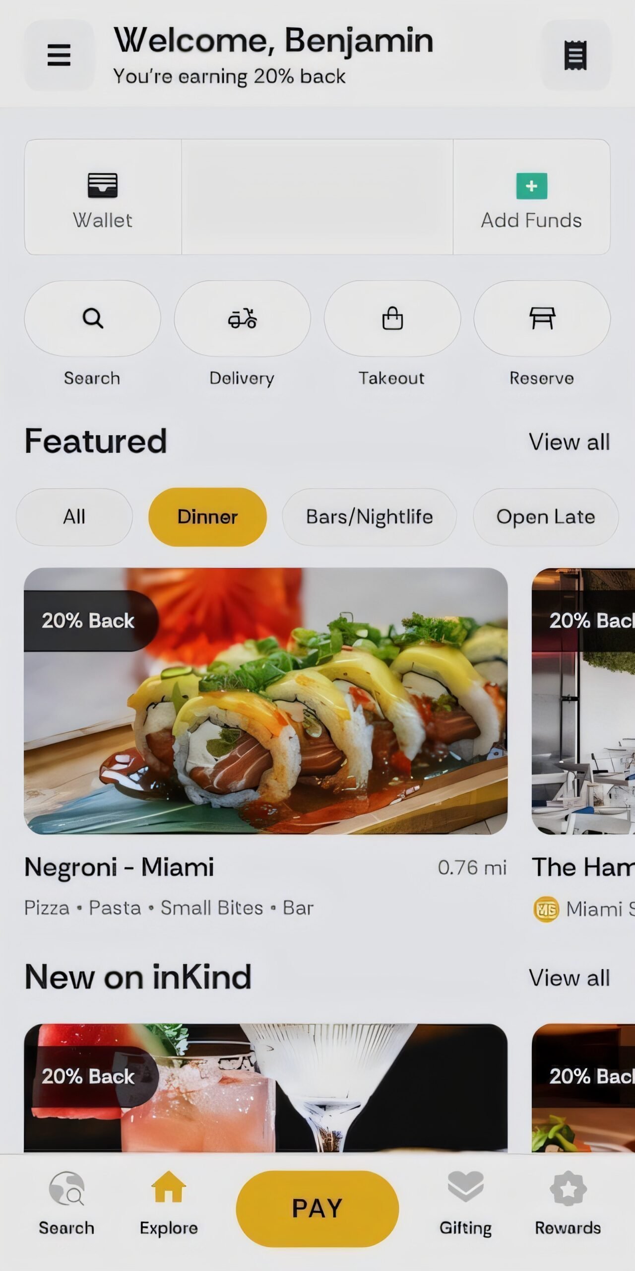 InKind app restaurant list with distances and addresses