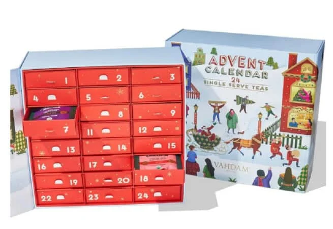 Open 24-drawer VAHDAM tea advent calendar box with sachets